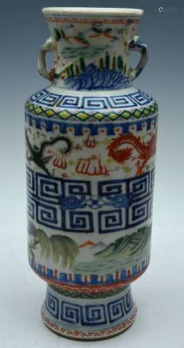 Chinese Famille Verte Porcelain Vase with Handles