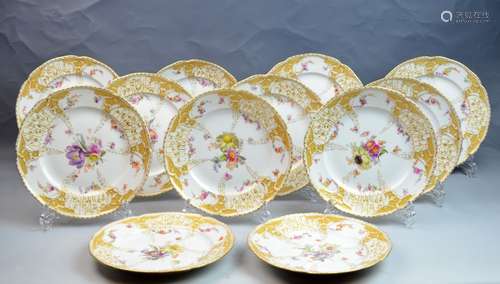 12 K.P.M. Porcelain Plates with Flowers