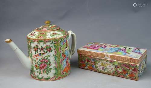 Chinese Rose Medallion Porcelain Teapot and Box