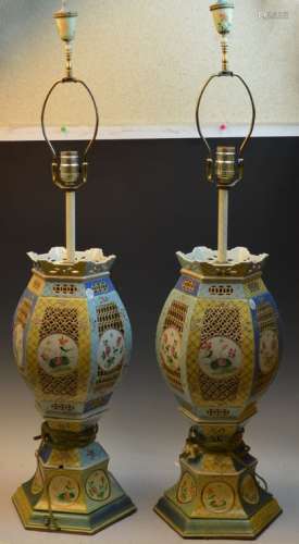 Pair Chinese Famille Rose Pierced Porcelain Lamps