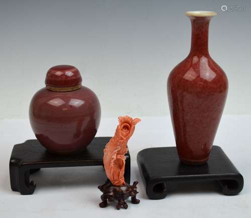 Three Chinese Porcelain Vases and Coral Figure