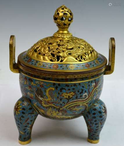 Chinese Cloisonn Tripod Lidded Censer