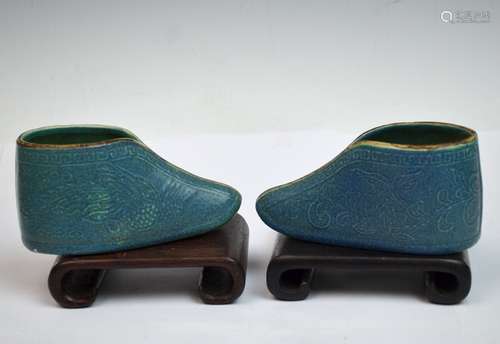 Pair of Chinese Blue Glazed Porcelain Shoes