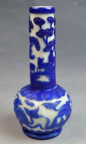 Chinese Peking Glass Blue & White Long Neck Vase