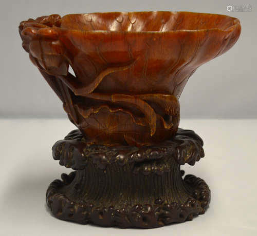 Chinese Carved Cup on Wood Stand