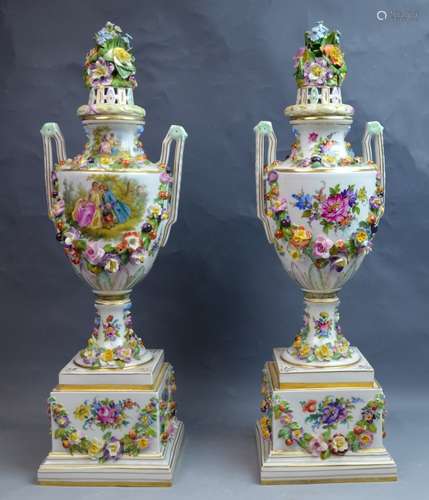 Pr. Flower Encrusted & Hand Painted Vases