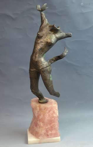 Modernist Style Bronze on Pink Quartz Base Singed