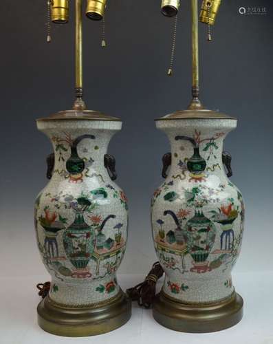 Pair of Chinese Ge Style Porcelain Lamps