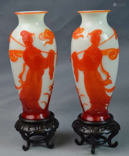 Pr. Chinese Coral-red Overlay White Glass Vases