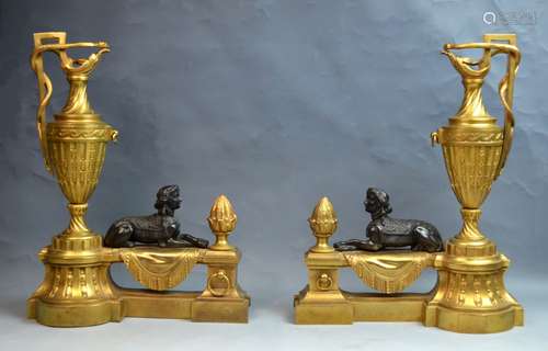 Pr.Gilt Bronze & Patinated Egyptian Style Chenets