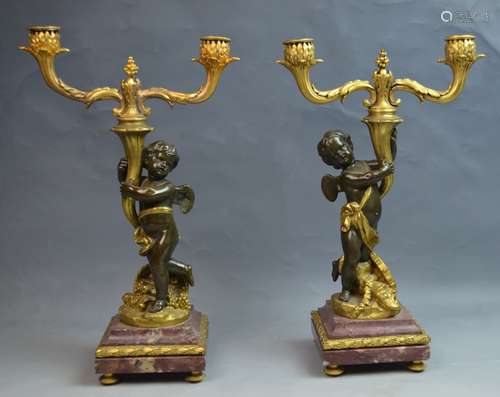 Pair of Bronze & Marble Cupid Candelabra Signed