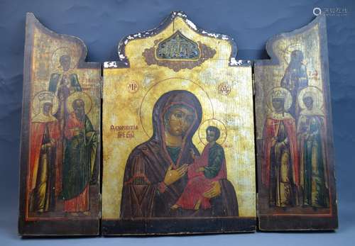 19th C. Russian 3-Panel Hand-painted Triptych