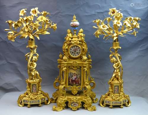 French Gilt Bronze & Enamel Clock Set