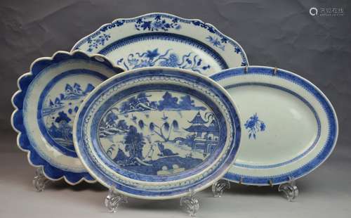 4 Big Pieces Chinese Blue & White Porcelain Dishes