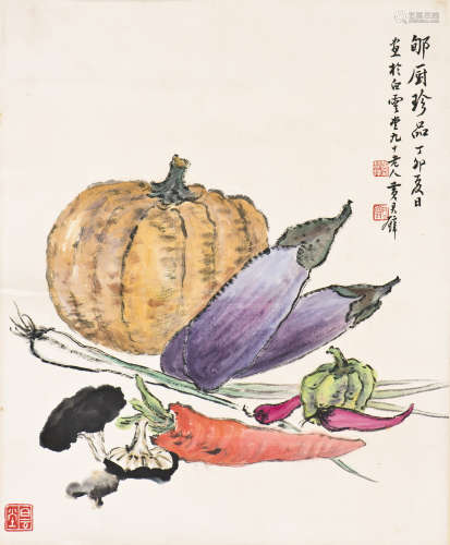 A CHINESE SCROLL PAINTING OF VEGETABLE, AFTER HUANG JUNBI