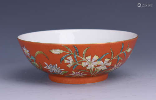 A PORCELAIN BOWL OF CORAL-RED GROUND