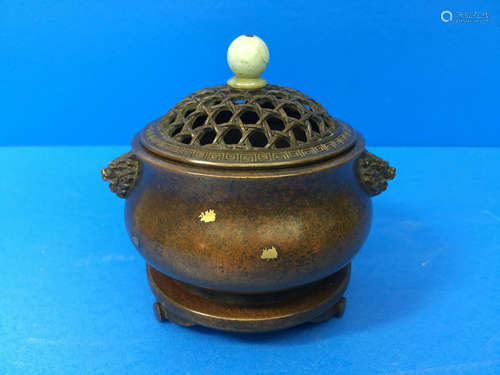 A BRONZE CENSER WITH JADE FINIAL