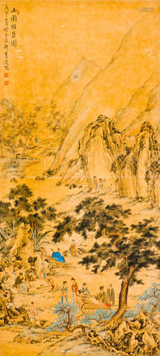 A FRAMED SILK PAINTING OF FIGURAL MOTIF, AFTER HUI LIAN