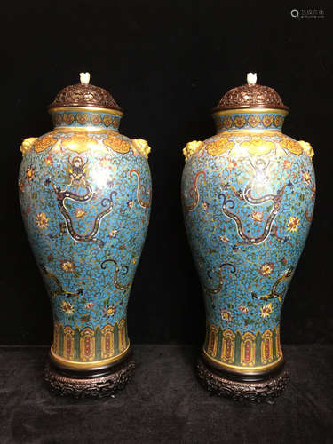 A PAIR OF ENAMELLED CLOISONNE VASES