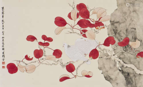A CHINESE PAINTING OF RED LEAVES, AFTER LIU BANNONG