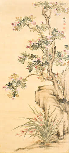 A SILK PAINTING OF PLUM FLOWERS MOTIF WITH FRAME
