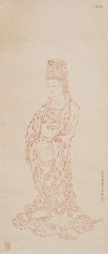 A CHINESE SCROLL PAINTING OF RED GUAN-YIN, AFTER PU RU