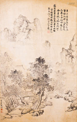 A FRAMED SILK PAINTING OF LANDSCAPE MOTIF, AFTER XI GANG