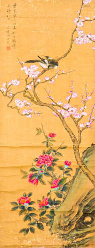 A CHINESE SCROLL PAINTING OF FLORAL AND AVIAN MOTIF, AFTER TIAN SHIGUANG