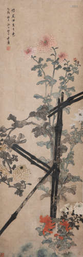 A CHINESE SCROLL PAINTING OF FLORAL MOTIF