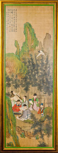 A FRAMED SILK PAINTING OF FIGURAL MOTIF, AFTER WEN JIA