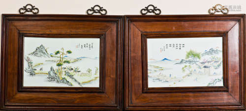 A PAIR OF PORCELAIN PAINTING WITH WOODEN FRAME