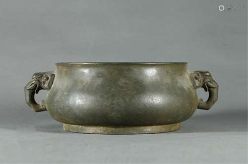 CHINESE TWIN DRAGON EAR BRONZE CENSER WITH MARK