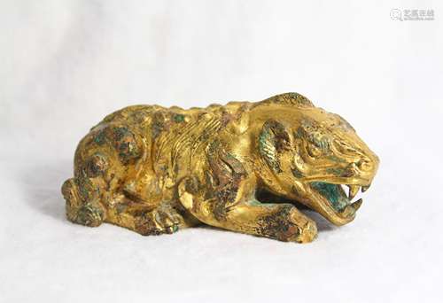 CHINESE MING GILT BRONZE FIGURE OF BEAST