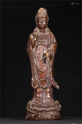 CHINESE PARTIAL GILT BRONZE FIGURE OF GUANYIN