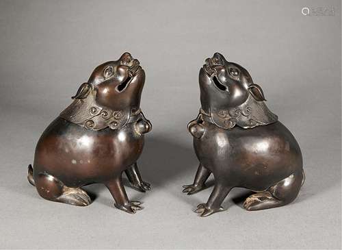 PAIR OF CHINESE BRONZE BEAST CENSERS