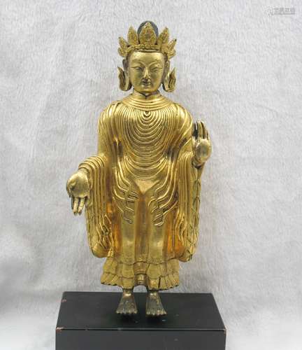 CHINESE QING DYNASTY GILT BRONZE STANDING BUDDHA