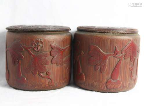 PAIR OF CHINESE BAMBOO CARVED GO CONTAINERS