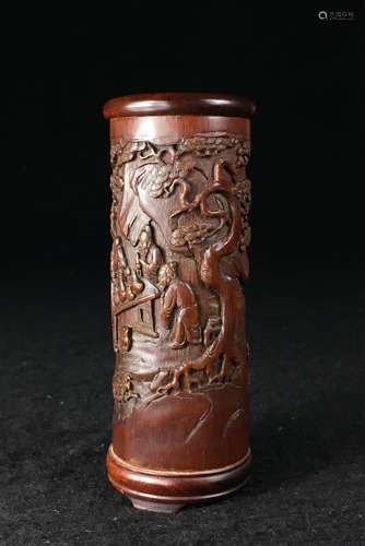 CHINESE BAMBOO CARVED FIGURAL BRUSH POT