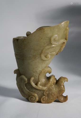 CHINESE WHITE JADE HORNED BEAST CUP