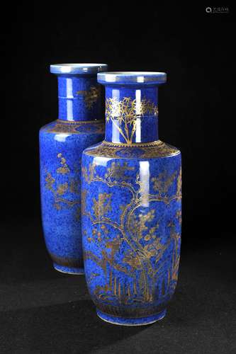 PAIR OF CHINESE BLUE GROUND ROULEAU VASES