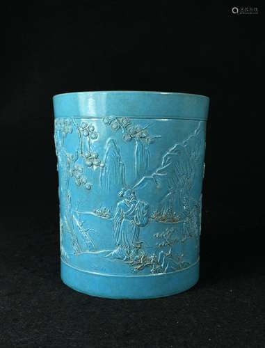 CHINESE PEACOCK GLAZED PORCELAIN BRUSH POT