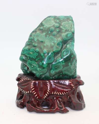 MALACHITE SCULPTURE WITH WOOD BASE