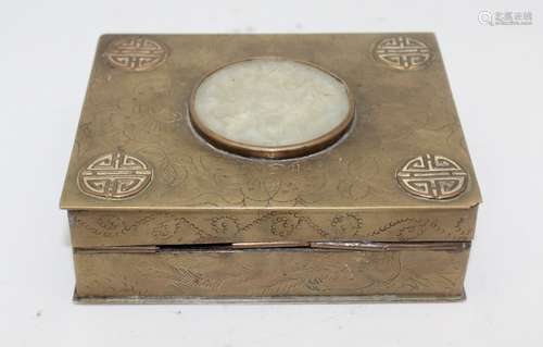 ANTIQUE METAL CARVED BOX WITH JADE INLAID