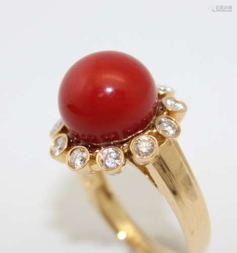 18K GOLD DIAMOND RED CORAL RING WITH GIA CERTIFICATE