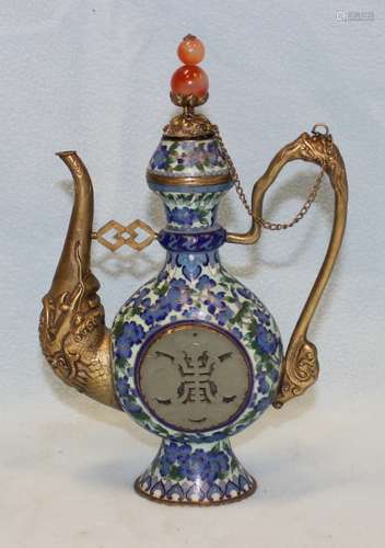 BRONZE CLOISONNE WINE POT WITH JADE INSERT