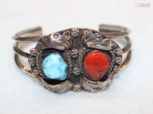 TURQUOISE AND CORAL SILVER BRACELET