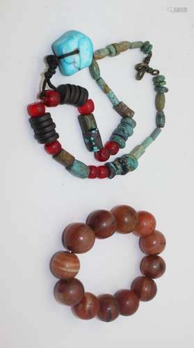 ANTIQUE AGATE BRACELET & AGATE AND TURQUOISE NECKLACE