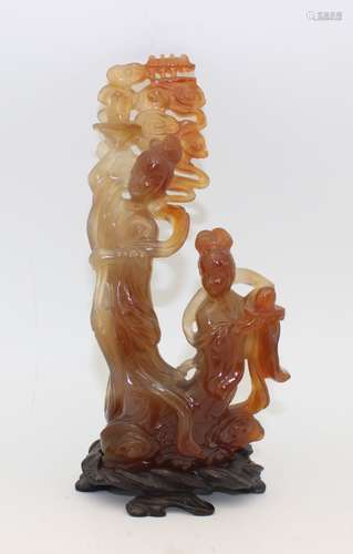 AGATE CARVED SCULPTURE WITH WOOD BASE