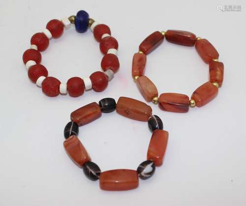 3 AGATE AND GLASS BEAD BRACELETS