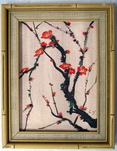 A Red Plum Blossom Oil Painting by Wang Jiyuan and Book